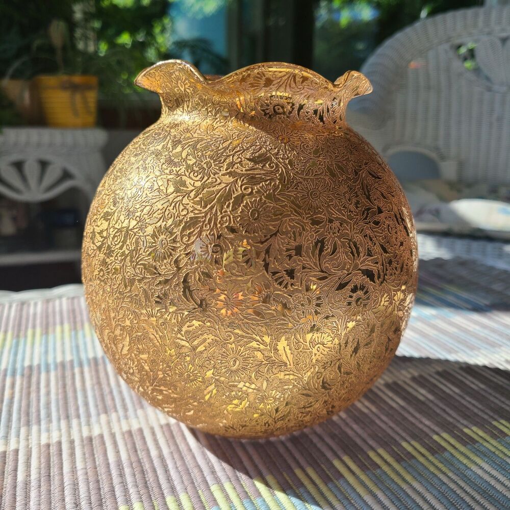 Vintage Glastonbury Lotus 22K Gold Encrusted Rose Bowl Globe Vase Ruffled Rim